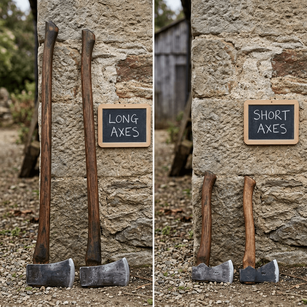 Two long axes and two short axes leaning against a stone wall with chalkboards labeled 'LONG AXES' and 'SHORT AXES'