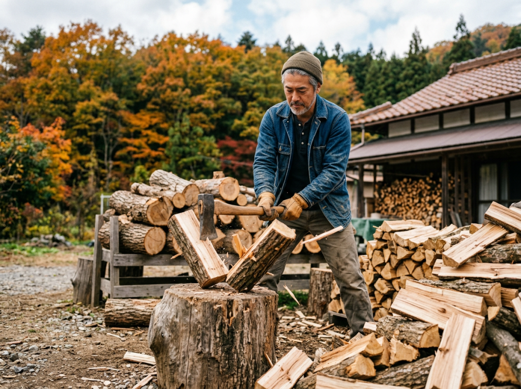 Man chopping logs with an axe outdoors near wood piles in autumn