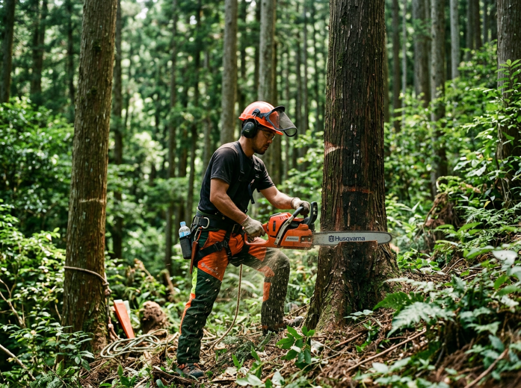Forester wearing safety gear cutting a tree with a Husqvarna chainsaw in a forest